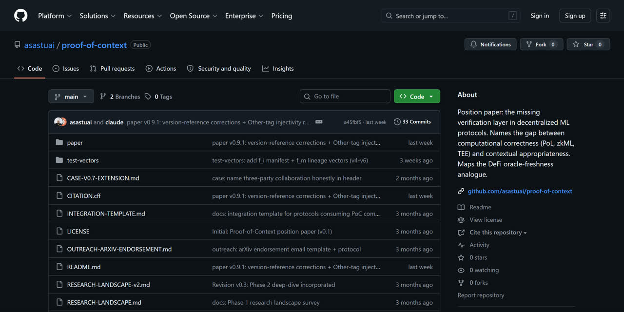 Repositorio de Proof of Context en GitHub: paper, test-vectors y especificación.