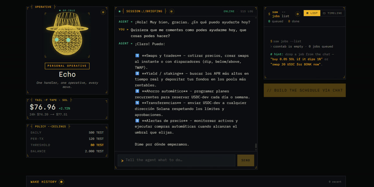 Captura del sitio de S.A.W (Secret Agent Wallet): agente de IA y chat de aprobación.